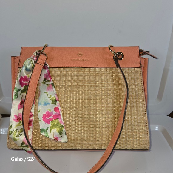 Nanette Lepore Satchel Handbag Purse Peach Faux Leather Woven Straw Floral Scarf - Picture 1 of 8